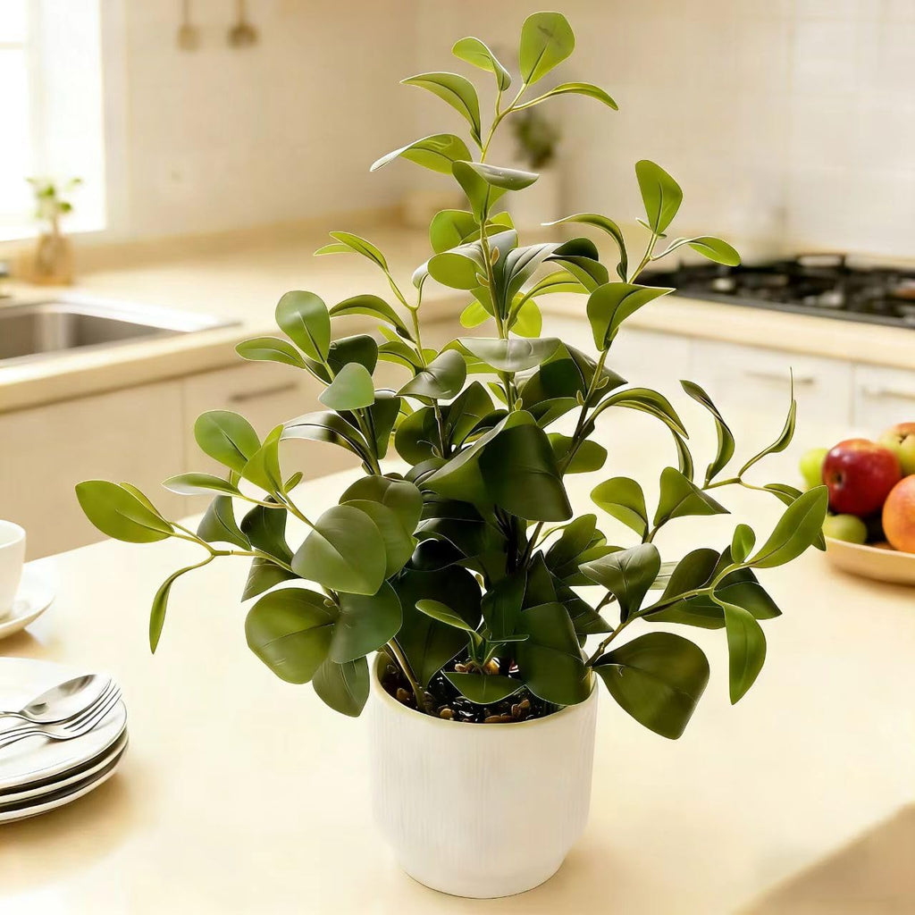 16'' Artificial Ficus Plant in White Textured Ceramic Pot Realistic Faux Greenery with Lifelike Leaves Fake Plants