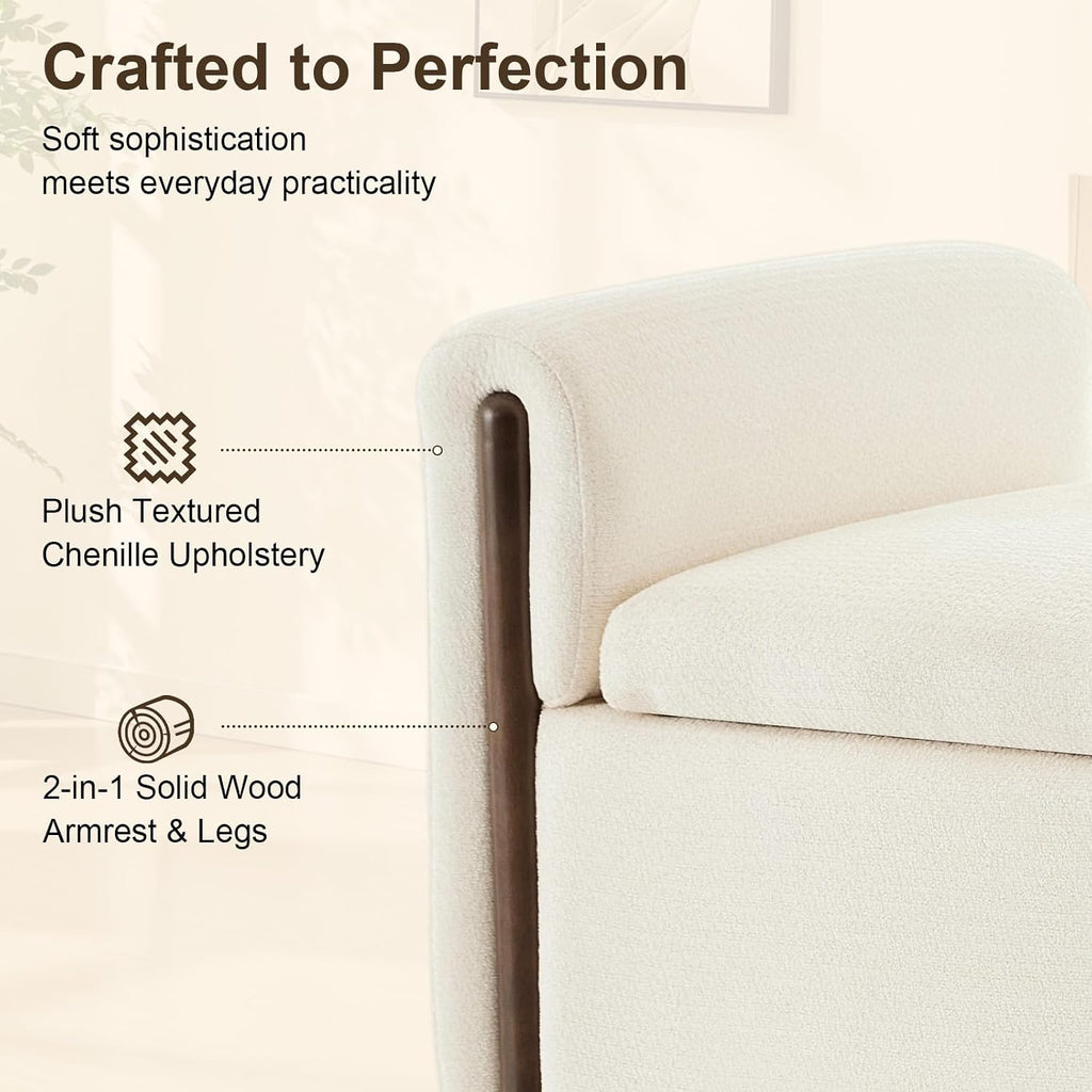 50.8 inch Storage Ottoman Bench with Armrests, Hidden Storage, Beige | End of Bed Bench, Bedroom Storage Bench