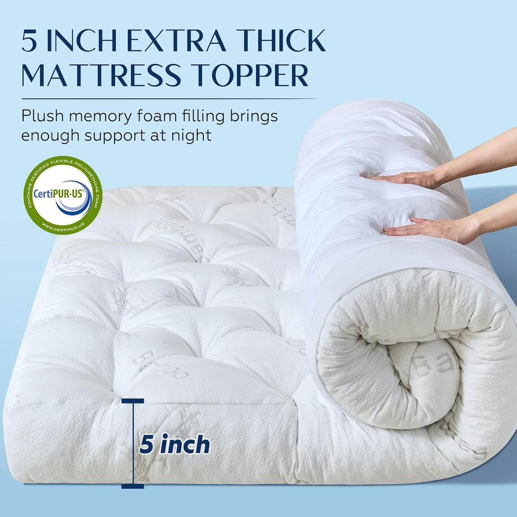 5 Inch Cooling Bamboo Mattress Topper Full Size,54x75 in,2000 GSM | Full Bamboo Mattress Pad Cover,Gel Memory Foam