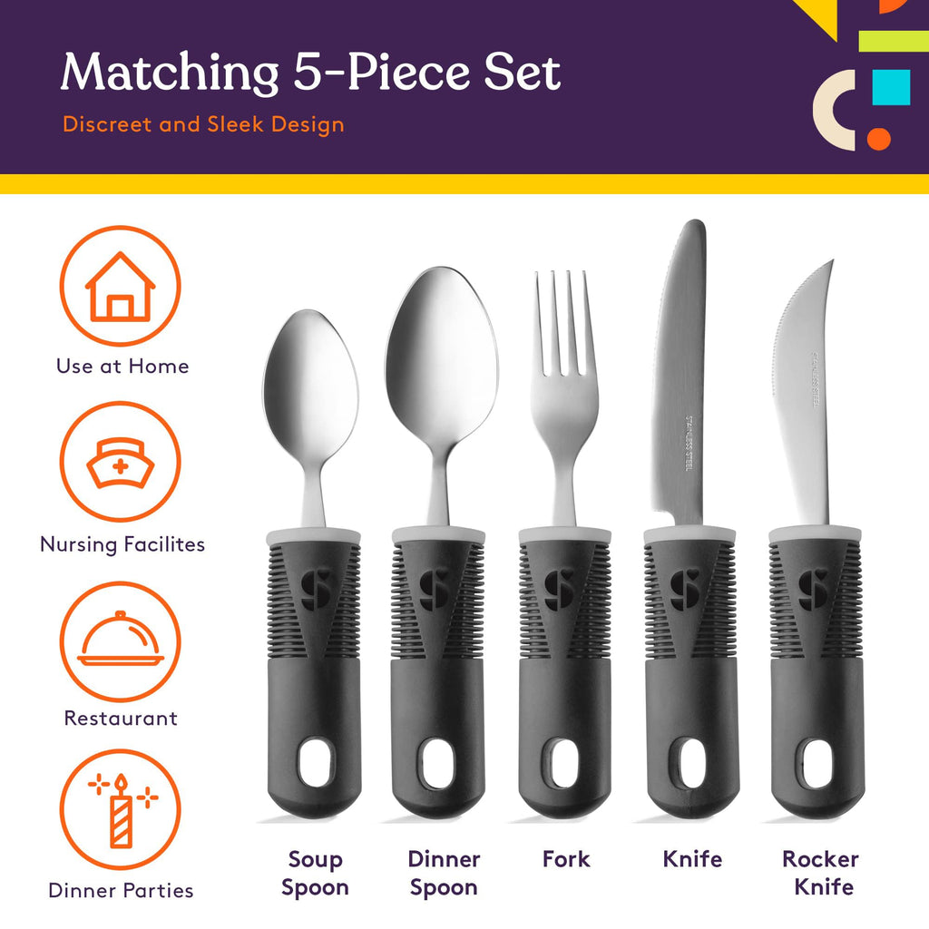 Adaptive Utensils (5-Piece Kitchen Set) Wide, Non-Weighted, Non-Slip Handles for Hand Tremors, Arthritis, Parkinson's