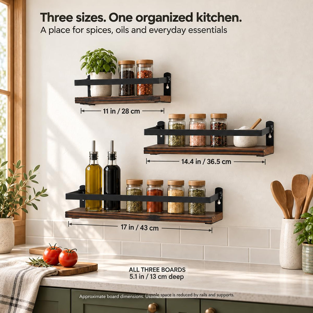 Wood Floating Shelves with Metal Guardrails, Set of 3, Brown