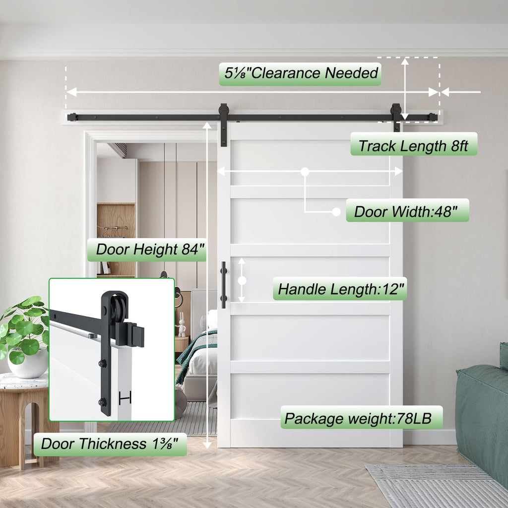 48x84 inch White Barn Door with 8FT Sliding Door Hardware Kit Included & Handle, MDF, Solid PVC Surface, DIY