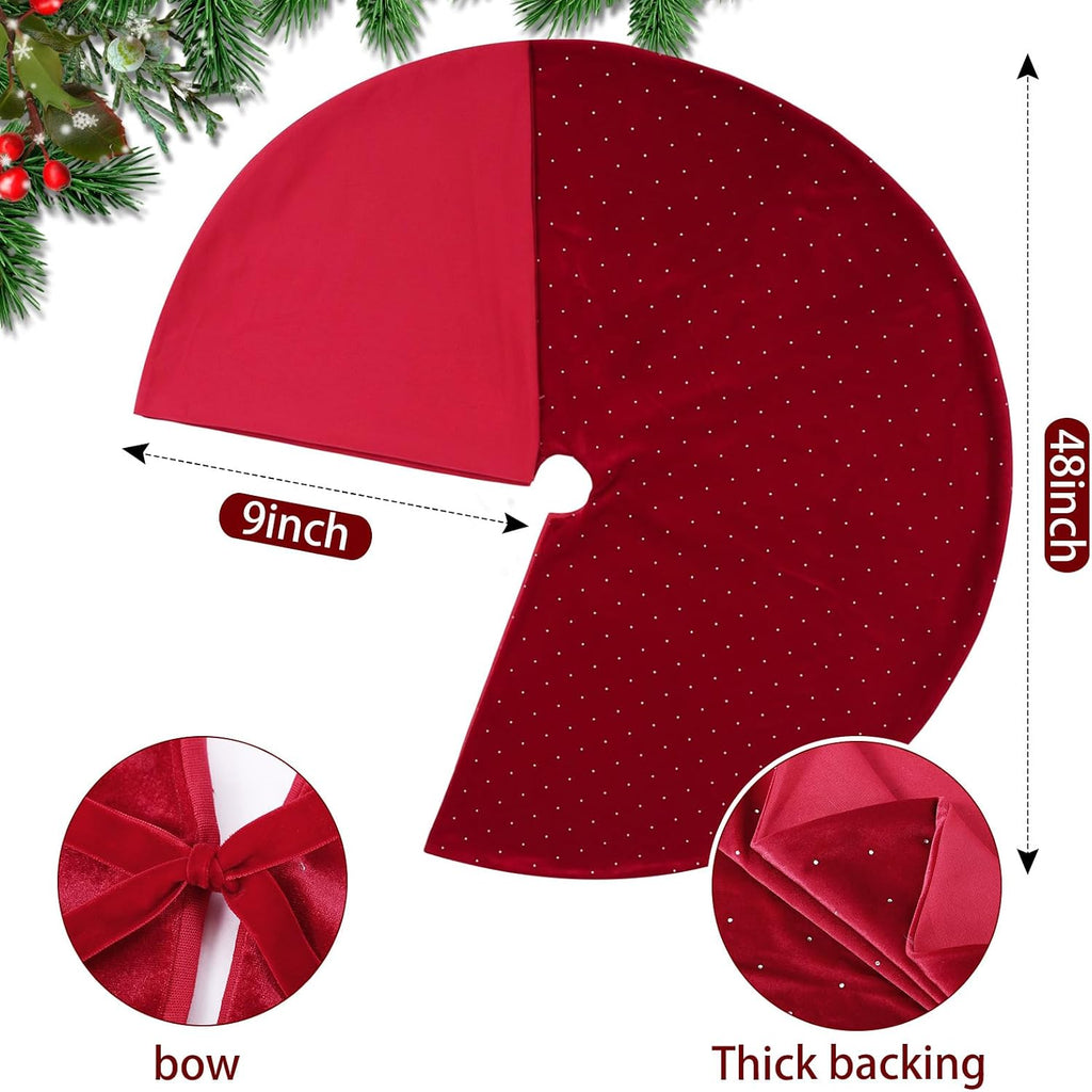 48" Christmas Tree Skirt Velvet Plush,Burgundy Red,Diamonds