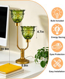 Mid Century Modern Glass Green Table Lamp 2-Light Gold Dimmable Desk Lamps with Crown Glass Shade & 3000K Warmwhite