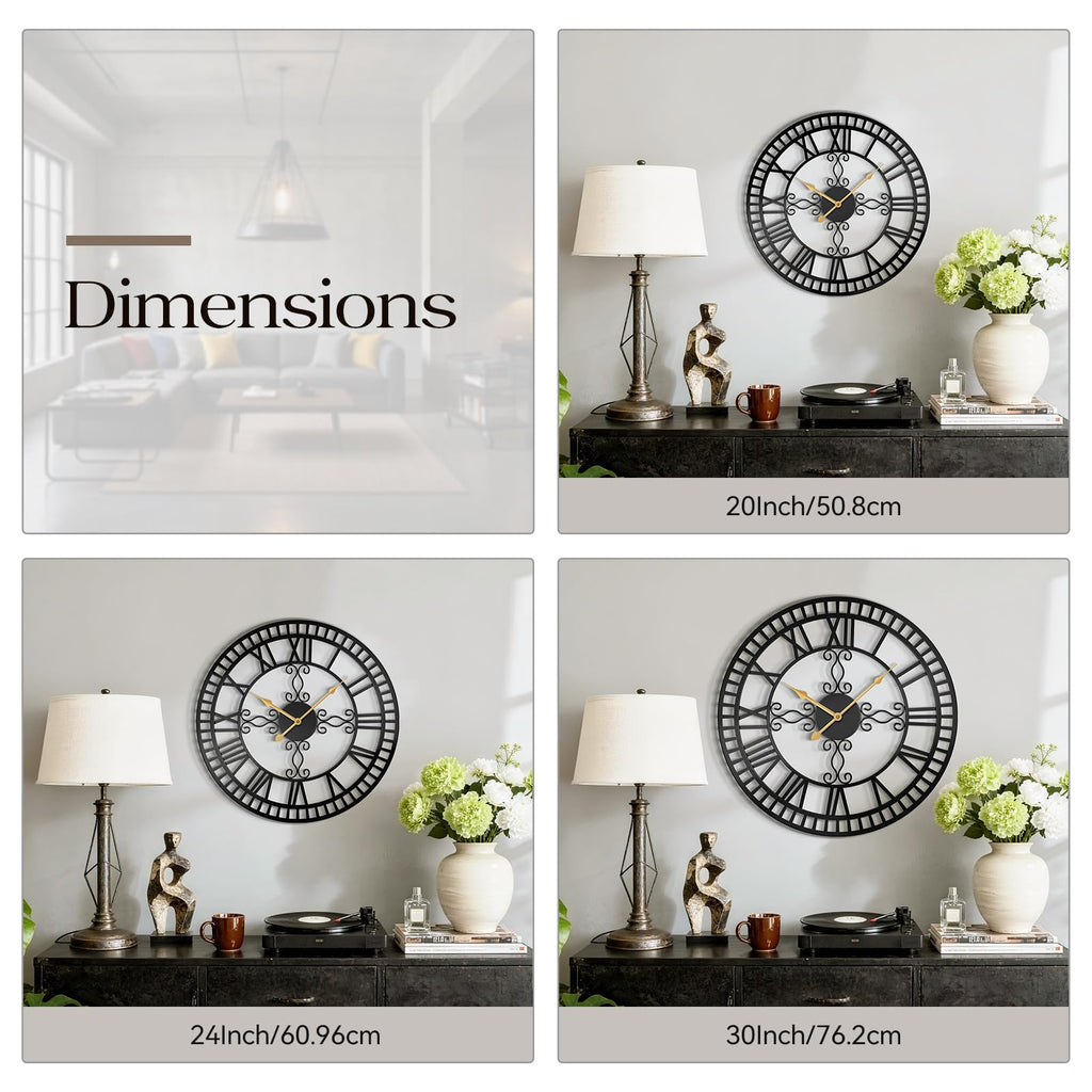 30" Large Wall Clock Decorative, Black Metal Roman Numeral Big Clock Completely Silent, Oversized Wall Clocks