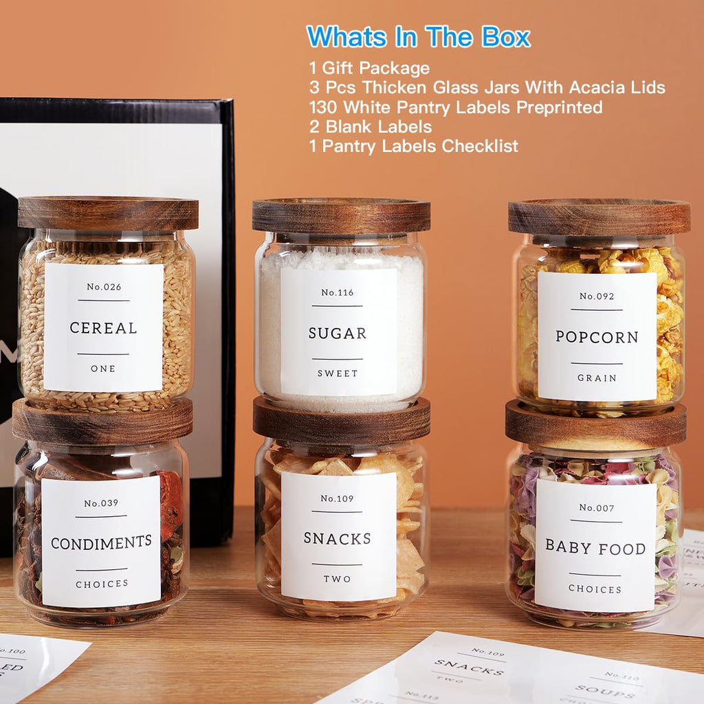 6 Set Glass Pantry Storage Jars with Acacia Airtight Lid - 15oz Thicken Glass Kitchen Canisters with 132 Pantry