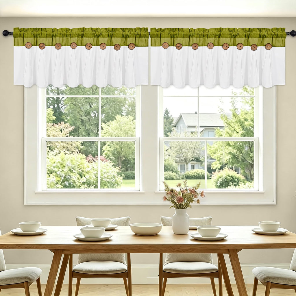 Farmhouse Valance Curtains 52x18, Cotton Linen, Fresh Green & White