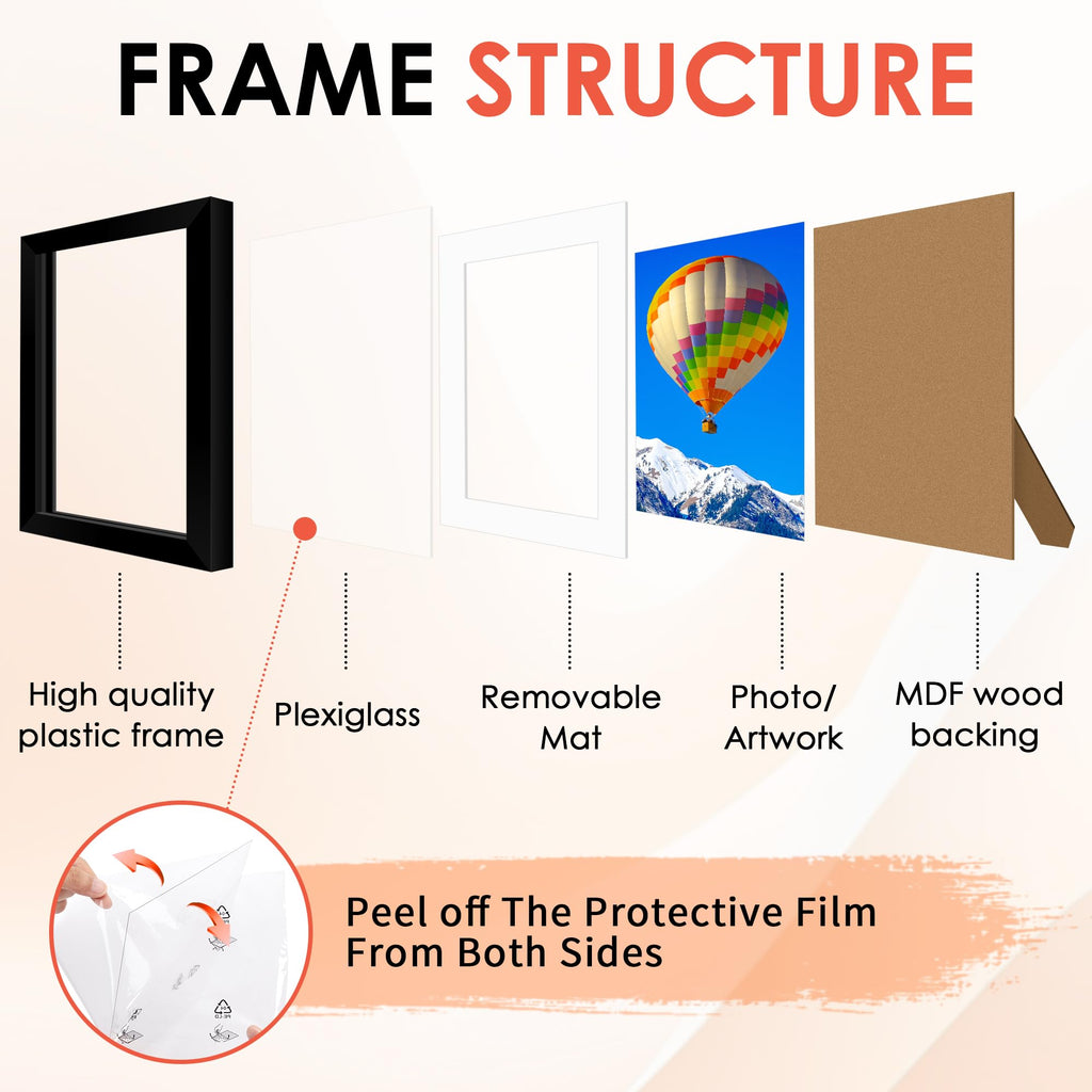8x10 Picture Frame Set of 6, Black Photo Frames Bulk with HD Plexiglass, Display Pictures 5x7 with Mat or 8x10