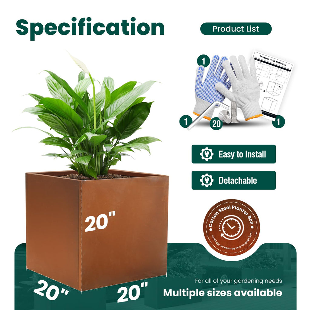 Corten Steel Planter Box Outdoor Planter Metal Square 20 Inch Large Steel Planter Box Rustic Cube Patina Tall Plant