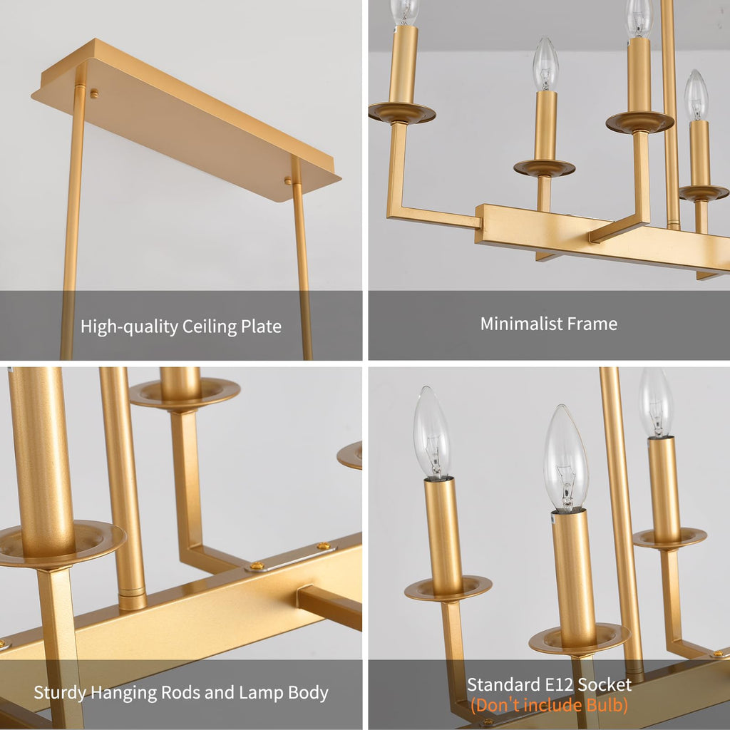 Rustic Gold Linear Chandelier,Extra Long Candle Chandelier,Gold Light Fixture Living Room Kitchen Island