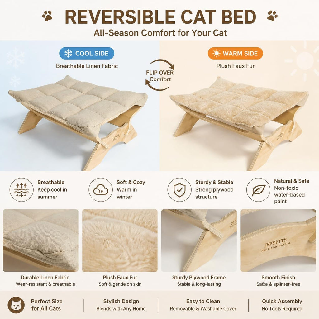 Elevated Cat Bed Hammock, Raised Cat Bed with Dual-Sided Plush & Linen Cushion, Machine Washable & Breathable Cover