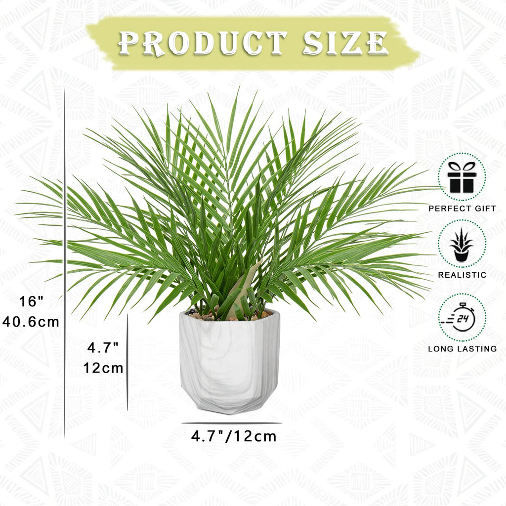 Large Artificial Potted Plants Fake Palm Plants 16" Faux Green Plant Plastic Tropical Palm Tree in Marble Ceramic