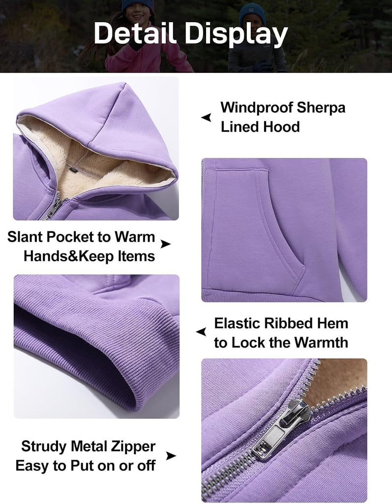Unisex Boys Girls Fleece Jacket Hoodie Sherpa Lined Zip Up Hooded Sweatshirt Kids Winter Jackets
