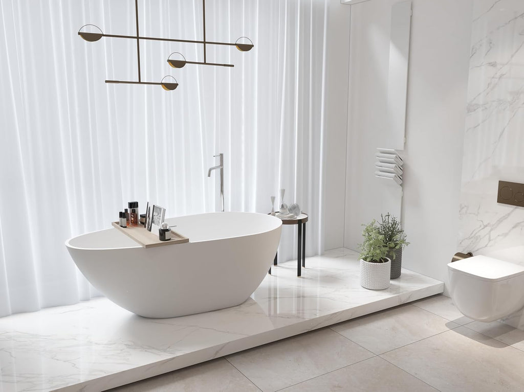 59 Inches Stone Resin Freestanding Soaking Bathtub, Handcrafted Solid Surface Flat Bottom Tub In Matte White, Cupc