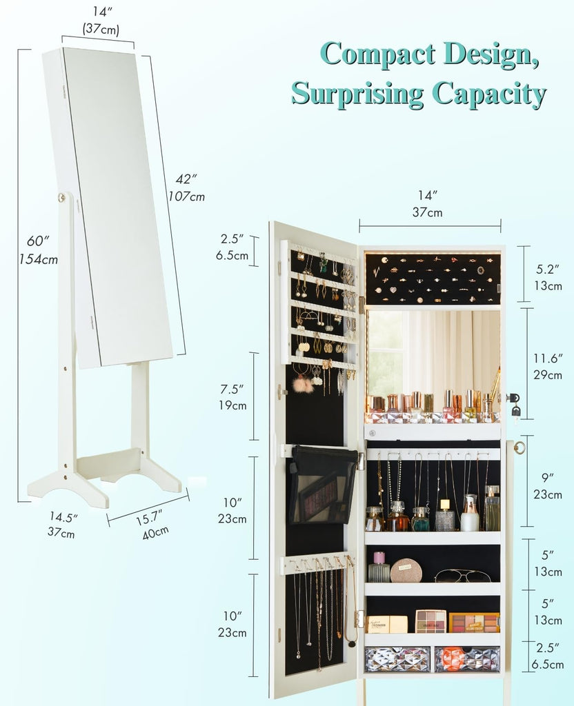 Full‐Length Standing Jewelry Armoire, 60 in Mirror with Storage