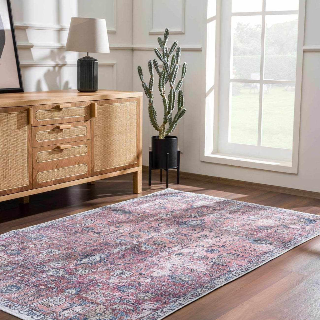 Wentworth Machine Washable Area Rug - Floral Distressed Border Medallion Faded - Traditional Oriental Vintage