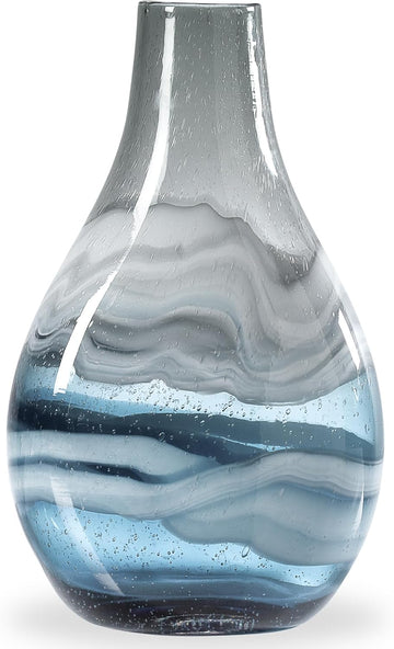 Andrea 11" Hand Blown Blue Glass Vase, Unique Coastal Swirls | Layered Blue & Gray Swirls, Narrow Opening, Watertight
