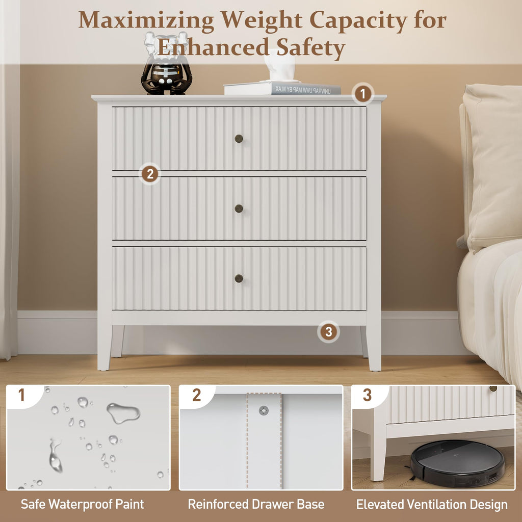 Fluted 3 Drawer Dresser, 32" Wide Nightstand, White