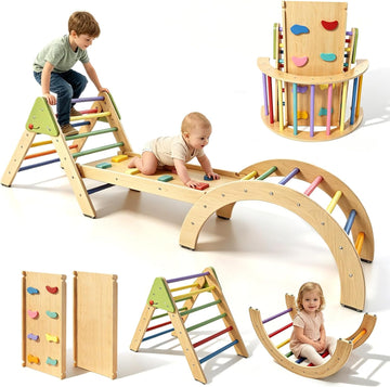 Foldable Triangle Climbing Set Wooden 7 in 1 Montessori Climber Toys for Toddlers 1-3 Baby Jungle Gym Indoor Slide