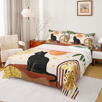 Mid Century Black Cat Bed Sheets Set Red Boho Minimalist Queen Sheet Set for Preteen Boys Girls, Botanical Palm Leaf