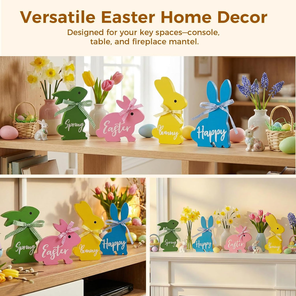 Easter Decor, Bunny Spring Easter Decorations Table, 5~6.4 Inches Wood Rabbit Easter Decorations Sign - Set of 4