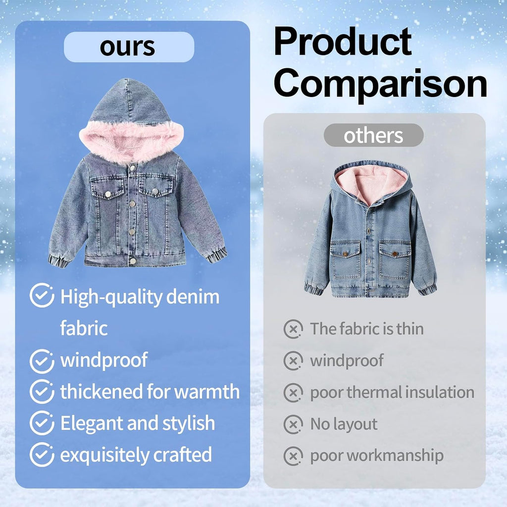 Girls Pink Fluffy Hood Fleece Lined Warm Denim Jacket for Toddler Girls