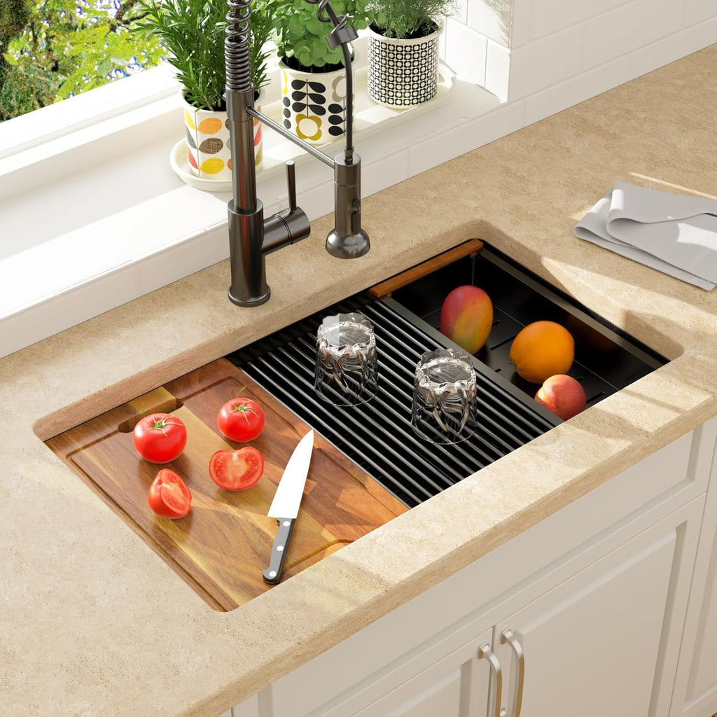 30 Inch Black Granite Composite Workstation 30x19 Matte Black Undermount Quartz Sinks Under Counter Single Bowl Sink