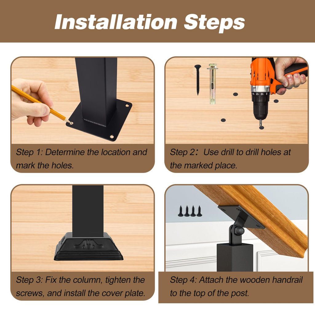 Indoor Stair Railing Kit, 8 Pack Black Railing Post Kit for Stair Indoor