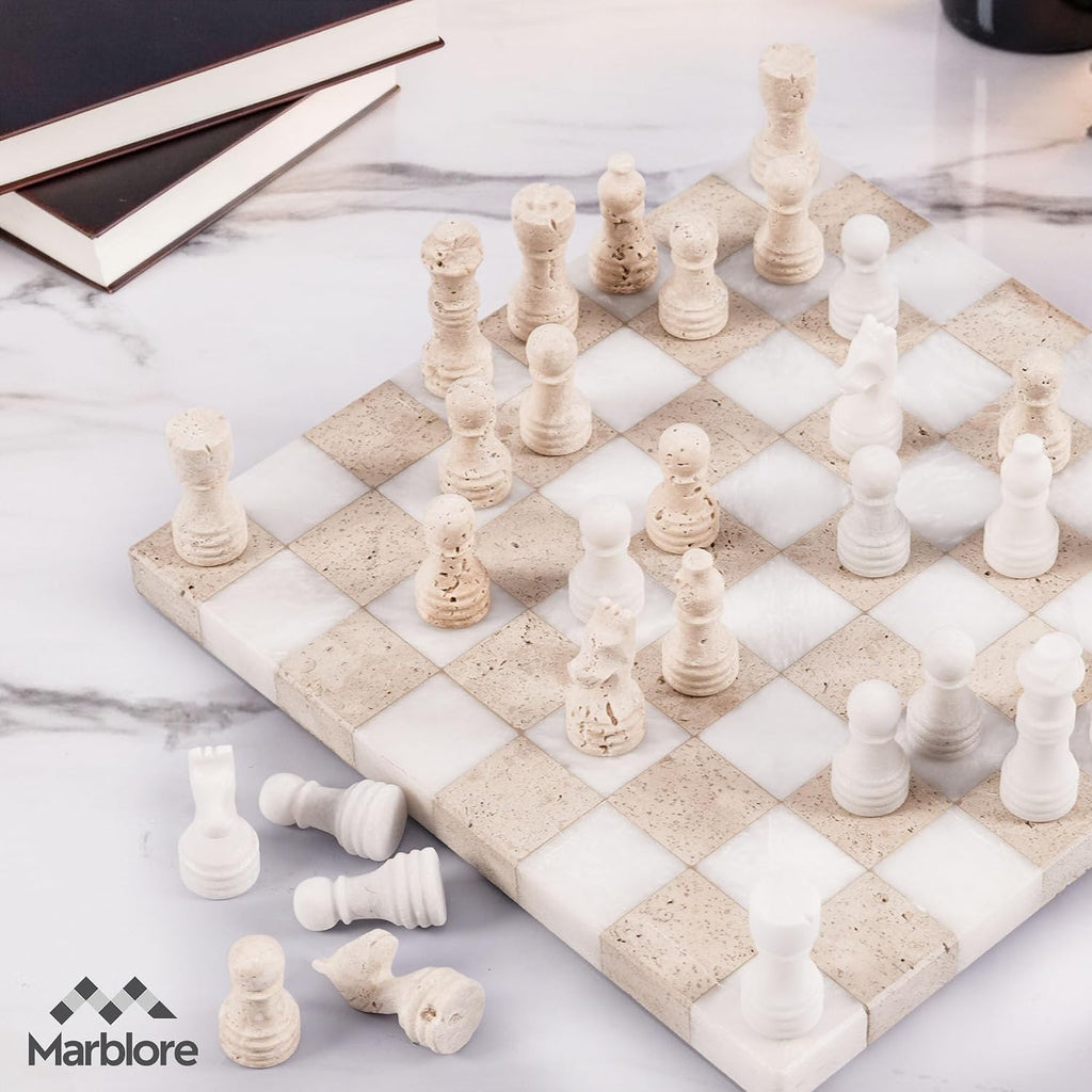 Marble Chess Set 10 Inch Handmade White & Travertine Chess Board with & 2 Extra Queens, Classic 2 Player - Set of 32