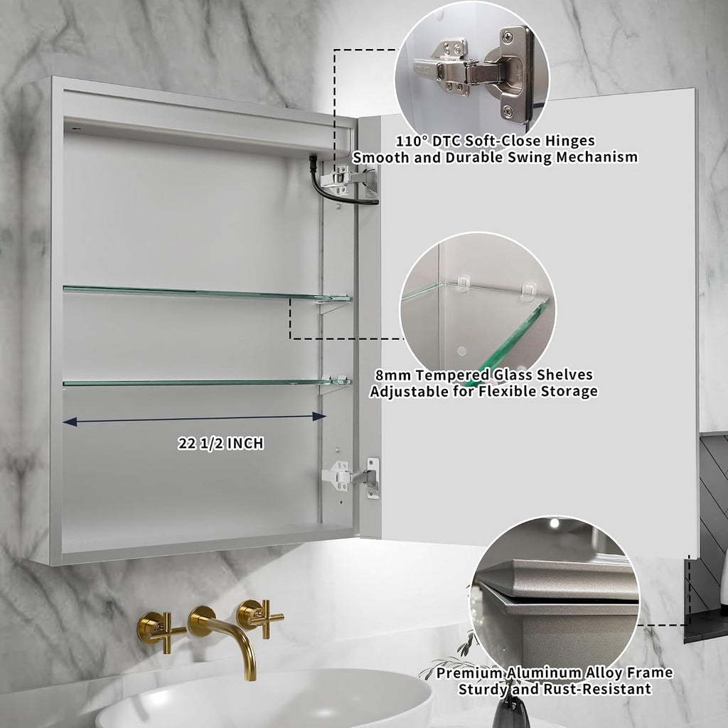 24x30" LED Medicine Cabinet, Anti-fog, Adjustable shelves, Edge-Glow, R | Lighted Medicine Cabinet with Mirror