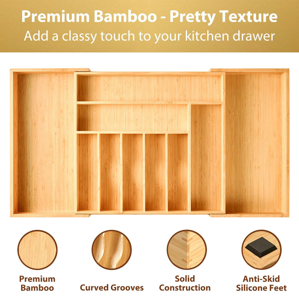 Extra Large Expandable Kitchen Siverware Utensils Drawer Organizer, 19" Deep for Big Drawer, Adjustable Bamboo Wood
