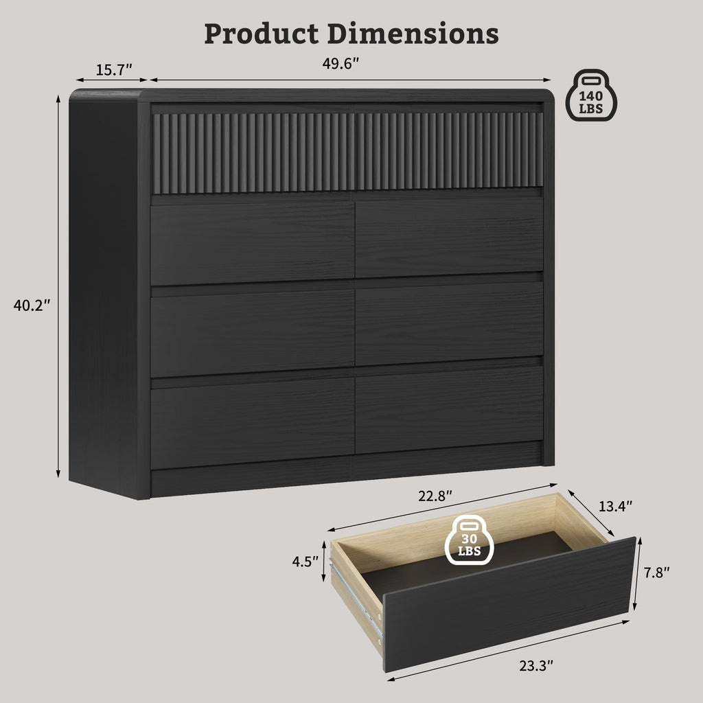 Black Fluted 8 Drawer Dresser, Curved Edge, 50" Wide