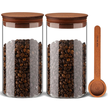 37 oz Coffee Canister with Scoop and Wooden Lids, Airtight Storage Container Sets of 2 for Ground Coffee & Beans