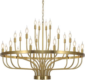 Gold Chandelier 24 Light Large Chandelier for High Ceilings, Farmhouse Wagon Wheel 39in 3-Tier for Dining Room, Hallway, Living Room, Foyer