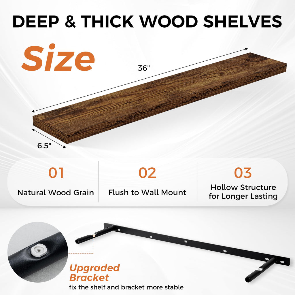36Inch Floating Shelves for Wall 2 Pack Wood Shelves Wall Mounted Rustic Wood Floating Shelf with Invisible Brackets