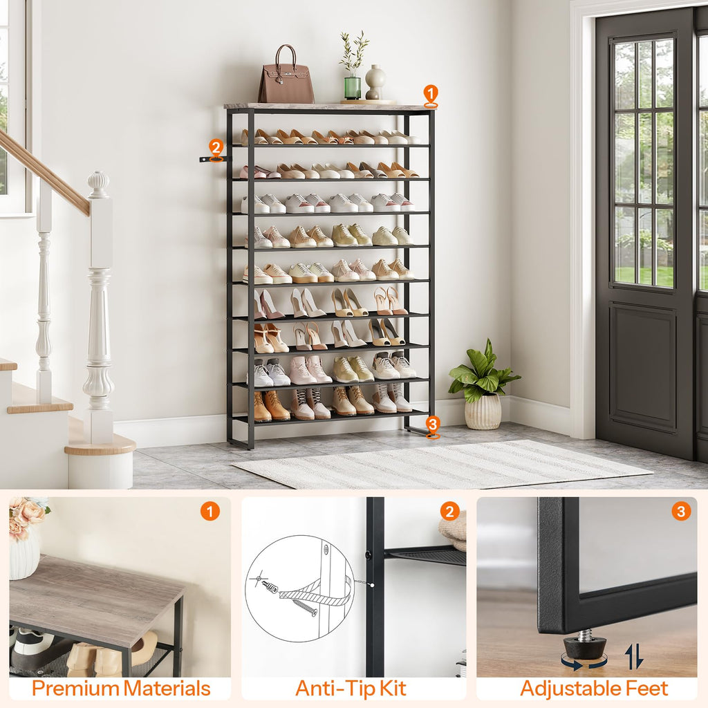 10-Tier Shoe Rack, 39.4" L Shoe Storage Organizer, Large Capacity Shoe Shelf for Closet, Front Door Entrance