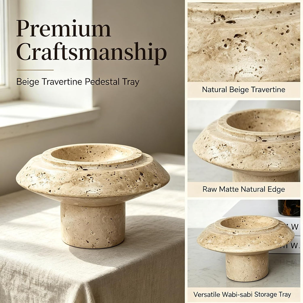 Yellow Travertine Natural Marble Mushroom Pedestal Tray 6.69" x 6.69" x 3.94", Footed Decorative Catchall Bowl