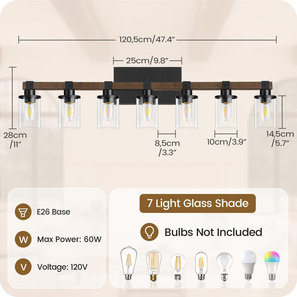7-Light Bathroom Light Fixture, Farmhouse Vanity Lights with Glass Shade, Rustic Bathroom Light Fixtures, E26 Base