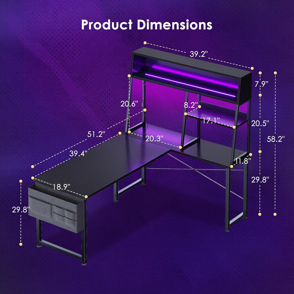51 Inch L Shaped Gaming Desk with Display Shelves, LED Lights, Black | PC Tower Display Shelf, Display Hutch, Hanging
