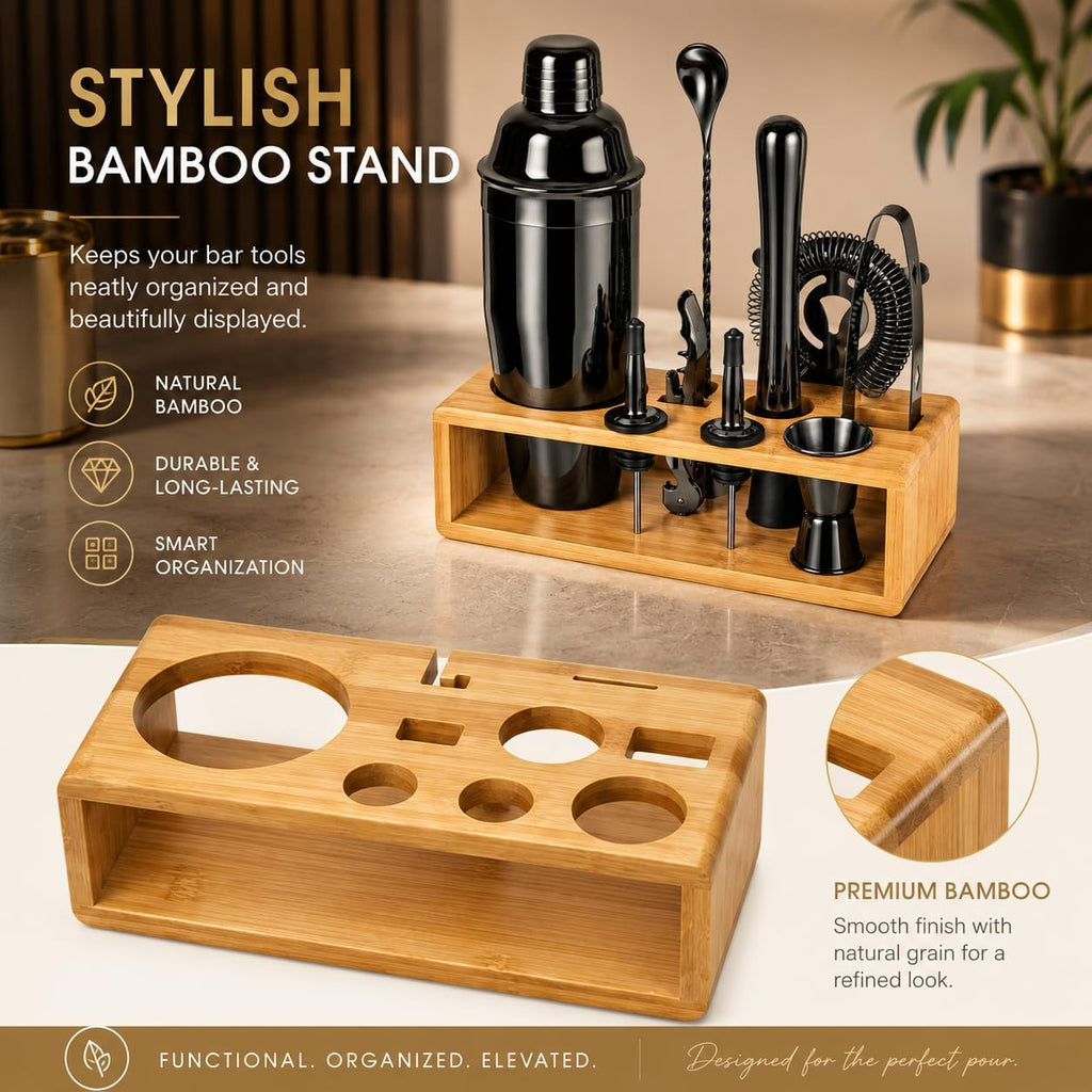 Black Cocktail Shaker Set, Premium 18/8 Stainless Steel Mixology Bartender Kit with Stylish Bamboo Stand 10-Piece Bar