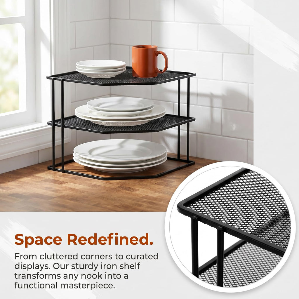 3-Tier Corner Shelf Cabinet Organizer, 9 x 9 x 7.5 Inches Metal Plate Rack Dish Organizer Counter, Cupboard, Pantry