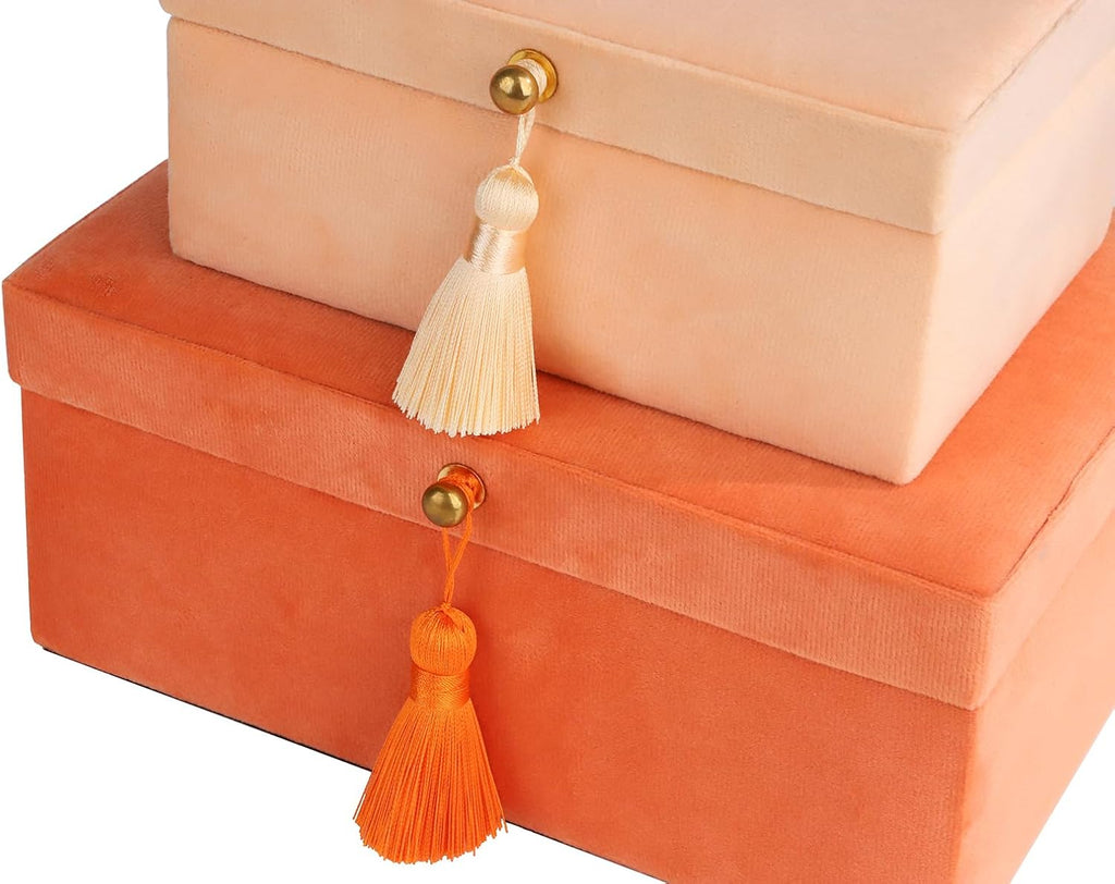 Velvet Jewelry Boxes Decorative Boxes, Storage Accessory Organizer Boxes with Elegant Handle Decor, Classic Velvet - Set of 2