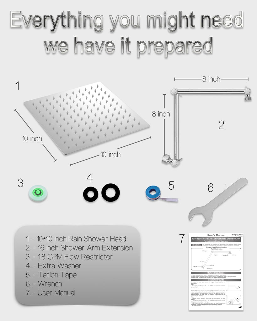 All Metal Rain Shower Head, 10'' High Pressure Rainfall Square Showerhead with 16" Shower Head Extension Arm