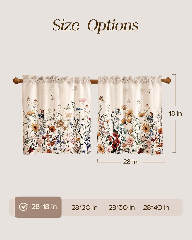Floral Kitchen Tier Curtains (Set of 2 Panels) - Linen Blend Farmhouse Cafe Curtains Vintage Small Window Treatments