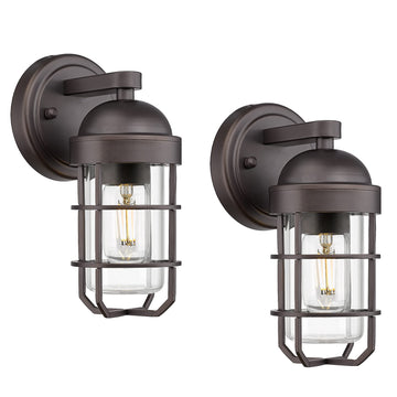 Farmhouse Outdoor Wall Sconces, 2 Pack Vintage Exterior Light Fixtures with Nautical Metal Cage and Tempered Glass