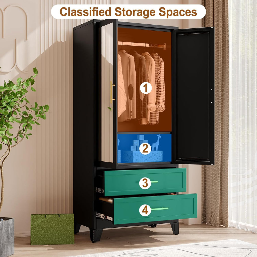 Metal Armoire Wardrobe Closet Storage Cabinet with 2 Doors Black, 71'' Wardrobe with Hanging Rod Metal Closet with