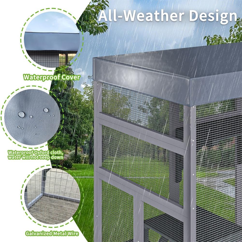 70 Inch Catio Outdoor Cat Enclosure, Large Wooden Cat House with Waterproof Fabric Roof, Solid Wood Frame and Metal