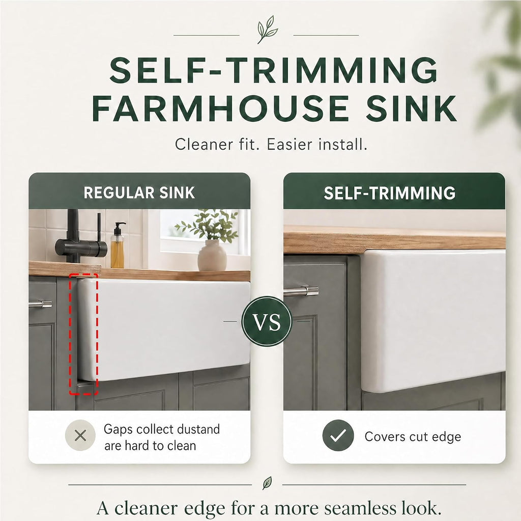 Self Trimming Farmhouse Sink 33 Inch, White Fireclay Kitchen Sink | Tall Apron Front 33"Wx20"Dx10"H , Heavy Duty,Farm
