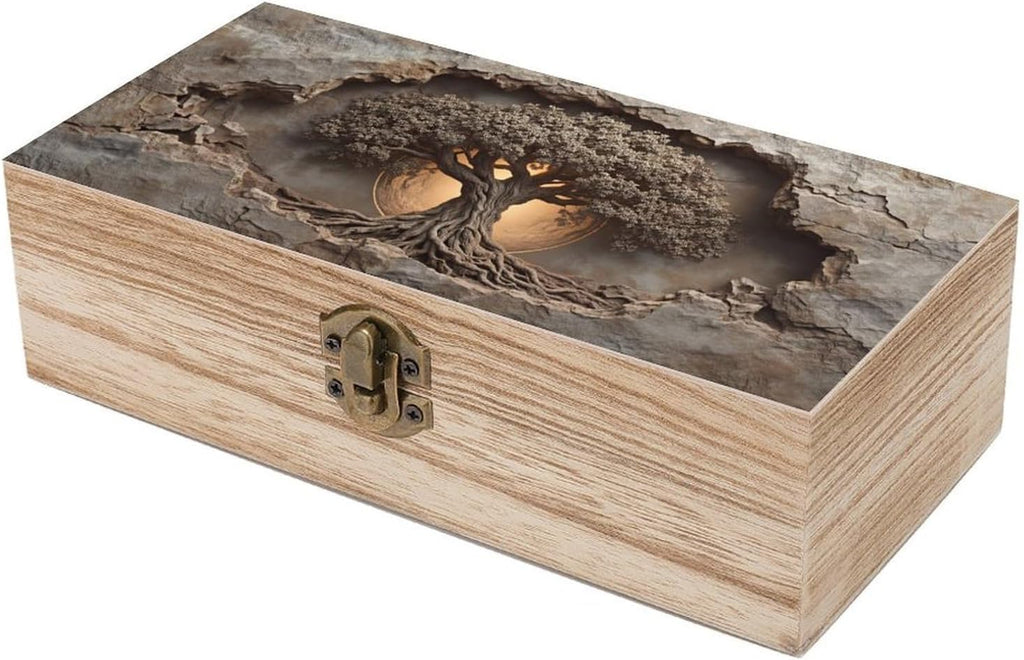 Tree of Life Rustic Wooden Jewelry Box with Hinged Lid - Vintage Natural Wood Keepsake Trinket Storage Organizer Gift