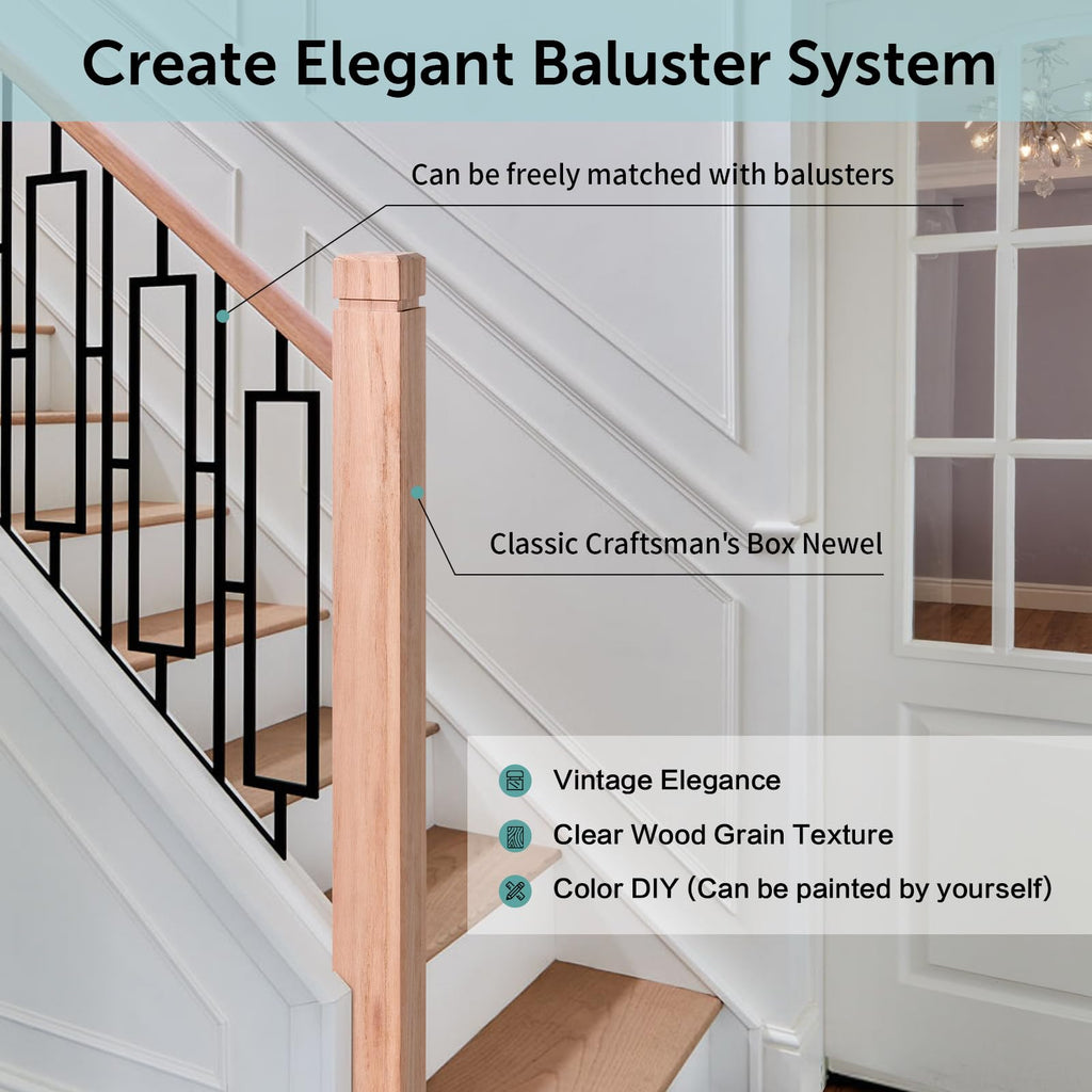 3.5" x 47" Red Oak Wood Stair Newel Post with a Single Groove Notched Newel Wood Balusters for Staircase Interior and
